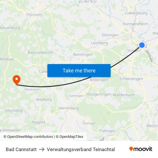 Bad Cannstatt to Verwaltungsverband Teinachtal map