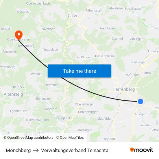 Mönchberg to Verwaltungsverband Teinachtal map