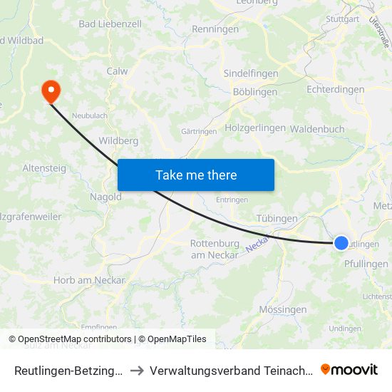 Reutlingen-Betzingen to Verwaltungsverband Teinachtal map