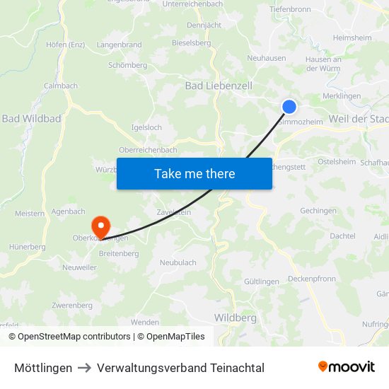 Möttlingen to Verwaltungsverband Teinachtal map