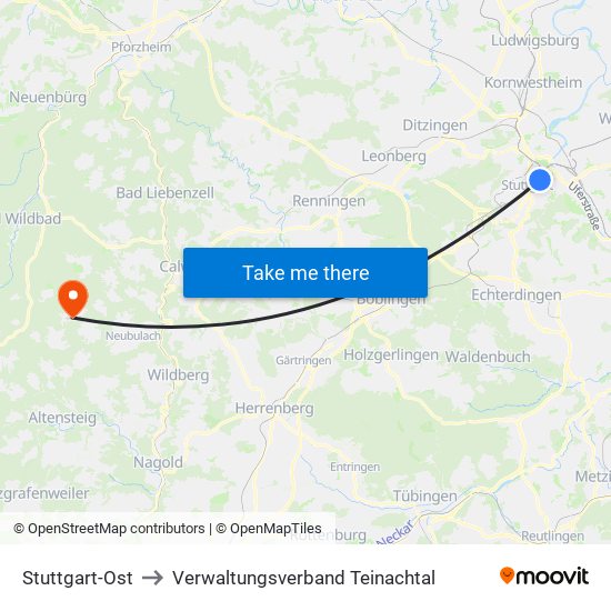 Stuttgart-Ost to Verwaltungsverband Teinachtal map