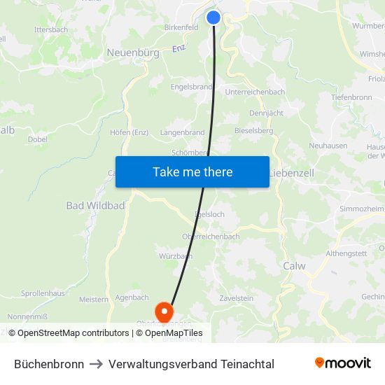 Büchenbronn to Verwaltungsverband Teinachtal map