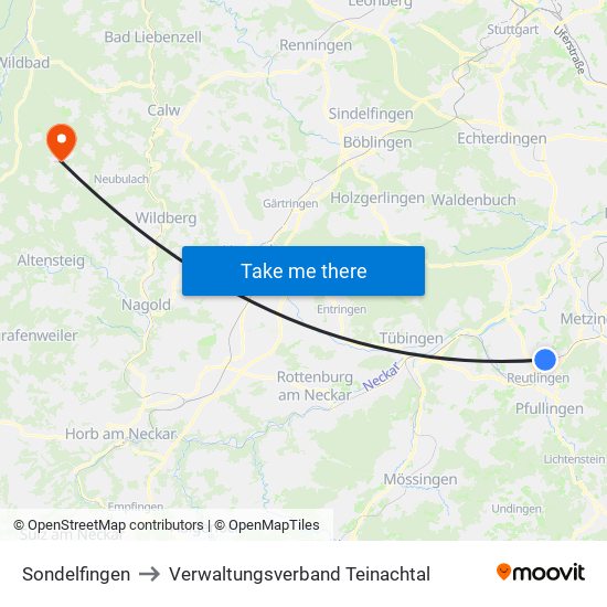 Sondelfingen to Verwaltungsverband Teinachtal map