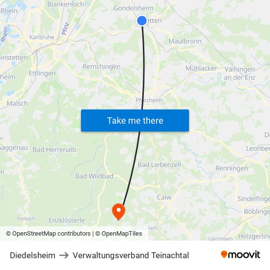 Diedelsheim to Verwaltungsverband Teinachtal map