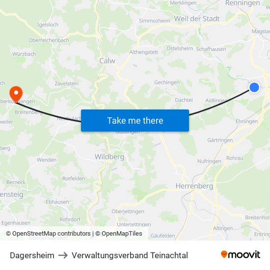 Dagersheim to Verwaltungsverband Teinachtal map