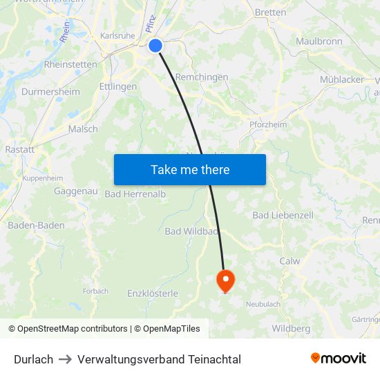 Durlach to Verwaltungsverband Teinachtal map