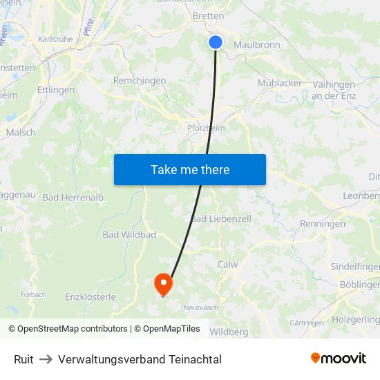 Ruit to Verwaltungsverband Teinachtal map