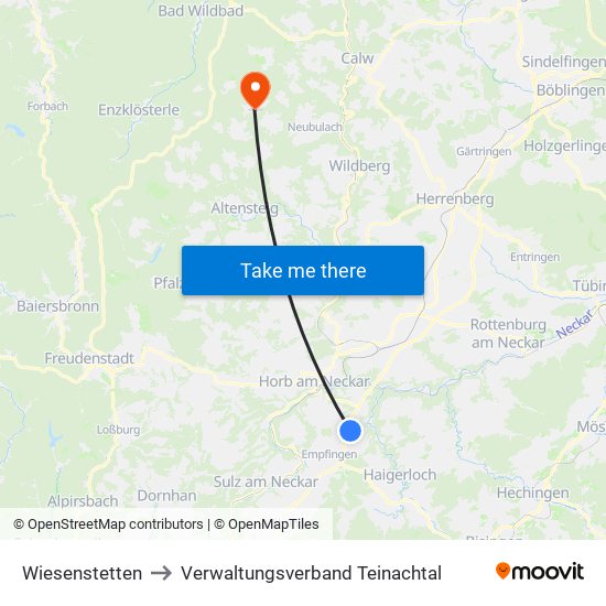 Wiesenstetten to Verwaltungsverband Teinachtal map