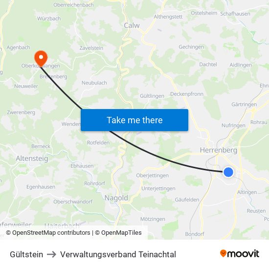 Gültstein to Verwaltungsverband Teinachtal map