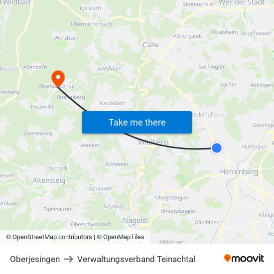 Oberjesingen to Verwaltungsverband Teinachtal map