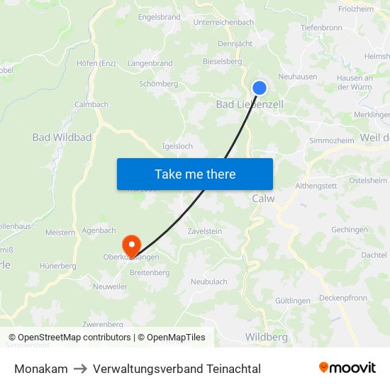 Monakam to Verwaltungsverband Teinachtal map