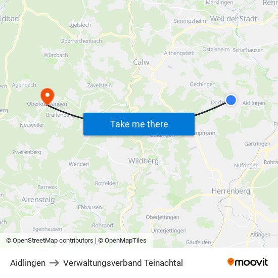 Aidlingen to Verwaltungsverband Teinachtal map