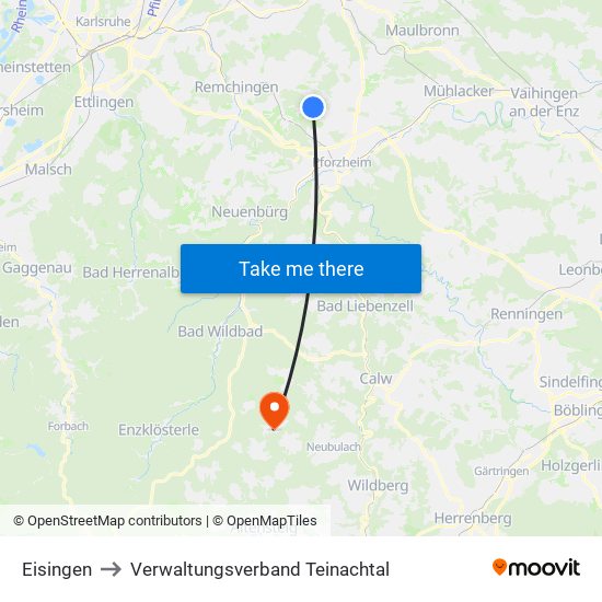 Eisingen to Verwaltungsverband Teinachtal map