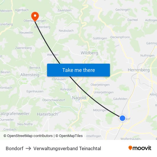 Bondorf to Verwaltungsverband Teinachtal map