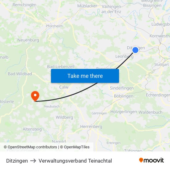 Ditzingen to Verwaltungsverband Teinachtal map