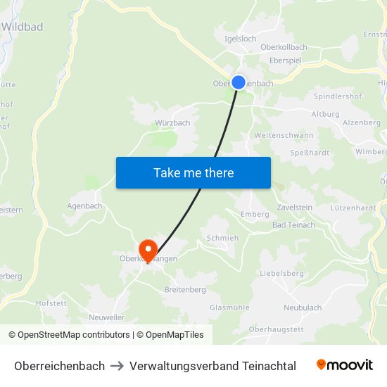 Oberreichenbach to Verwaltungsverband Teinachtal map