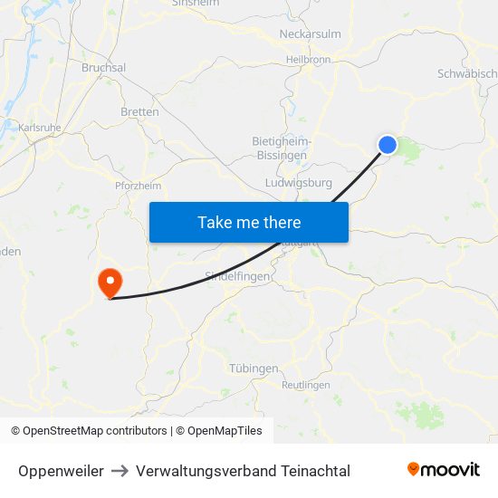 Oppenweiler to Verwaltungsverband Teinachtal map