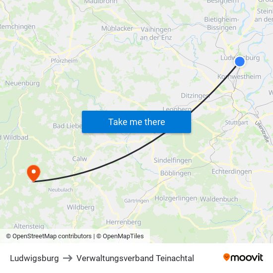 Ludwigsburg to Verwaltungsverband Teinachtal map