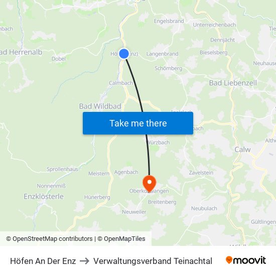 Höfen An Der Enz to Verwaltungsverband Teinachtal map