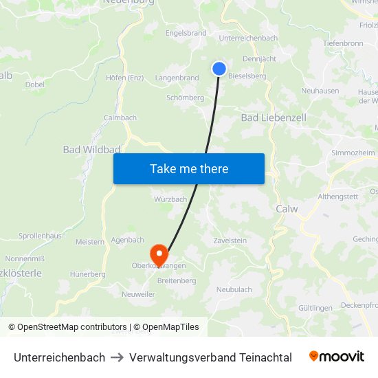 Unterreichenbach to Verwaltungsverband Teinachtal map