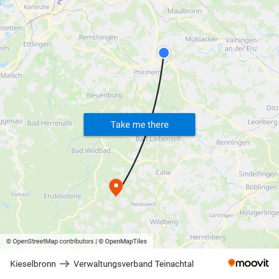 Kieselbronn to Verwaltungsverband Teinachtal map