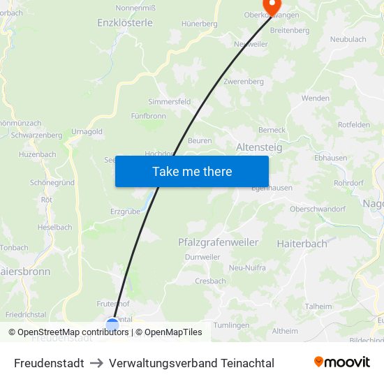 Freudenstadt to Verwaltungsverband Teinachtal map