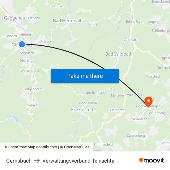 Gernsbach to Verwaltungsverband Teinachtal map