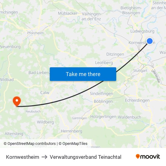 Kornwestheim to Verwaltungsverband Teinachtal map