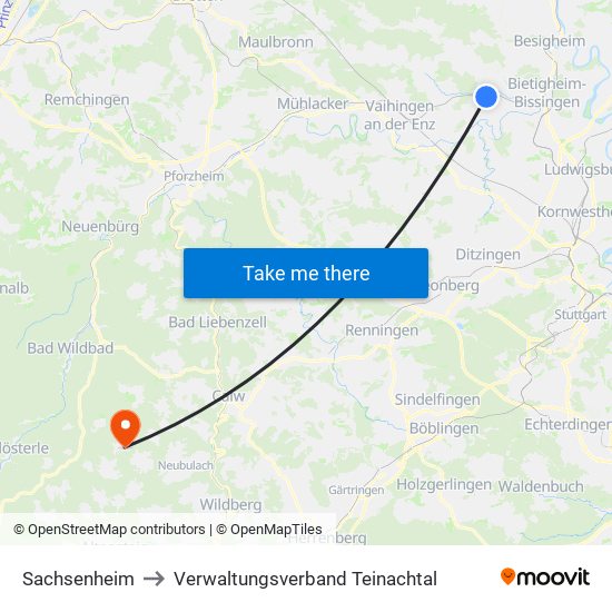 Sachsenheim to Verwaltungsverband Teinachtal map