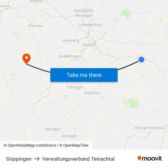 Göppingen to Verwaltungsverband Teinachtal map