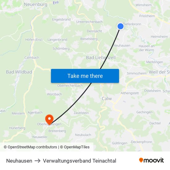 Neuhausen to Verwaltungsverband Teinachtal map