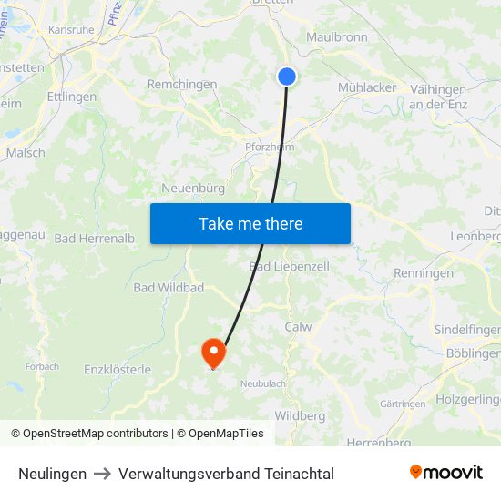 Neulingen to Verwaltungsverband Teinachtal map