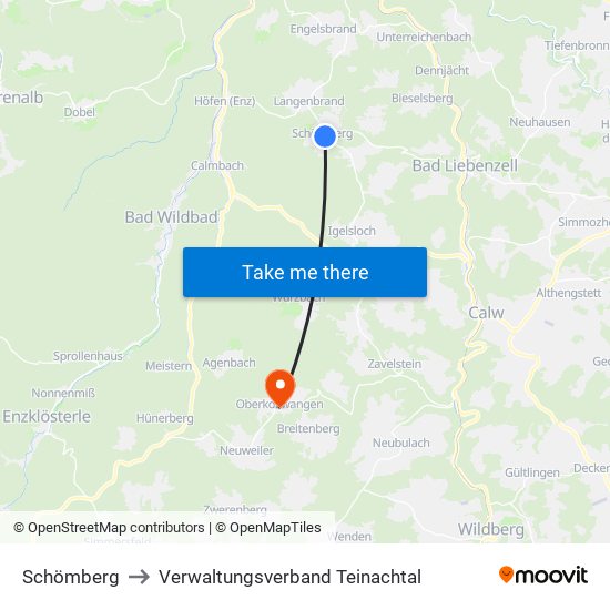 Schömberg to Verwaltungsverband Teinachtal map