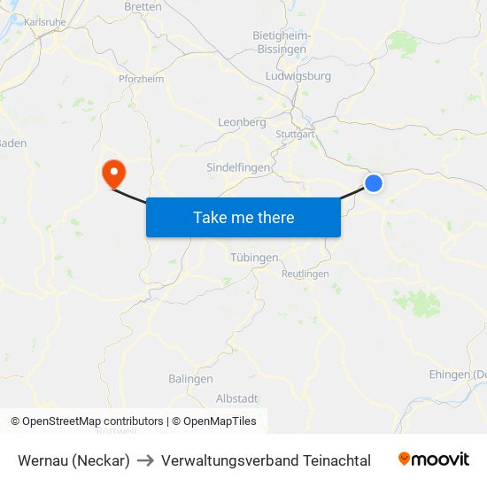 Wernau (Neckar) to Verwaltungsverband Teinachtal map