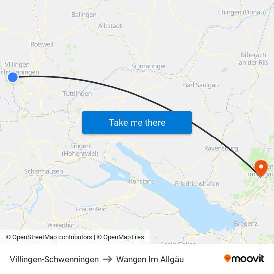 Villingen-Schwenningen to Wangen Im Allgäu map