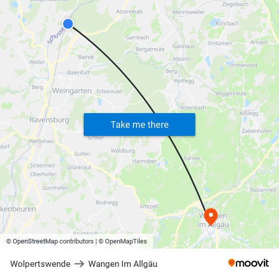 Wolpertswende to Wangen Im Allgäu map