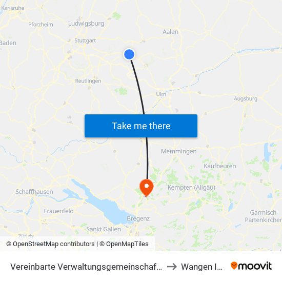 Vereinbarte Verwaltungsgemeinschaft Der Stadt Göppingen to Wangen Im Allgäu map