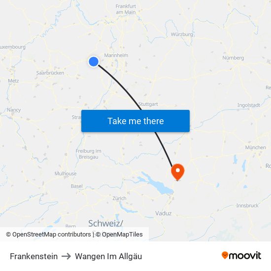 Frankenstein to Wangen Im Allgäu map