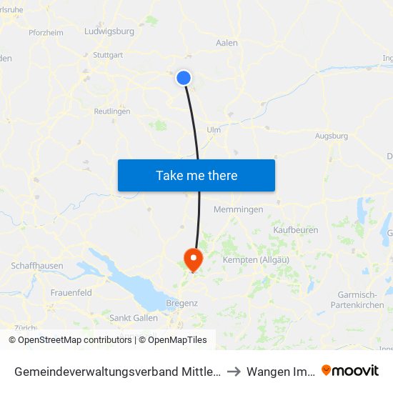 Gemeindeverwaltungsverband Mittleres Fils-Lautertal to Wangen Im Allgäu map