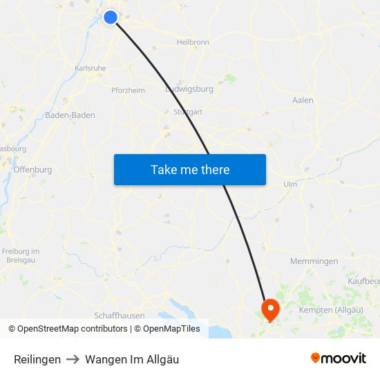 Reilingen to Wangen Im Allgäu map