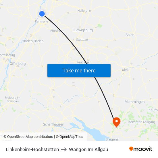 Linkenheim-Hochstetten to Wangen Im Allgäu map