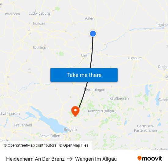 Heidenheim An Der Brenz to Wangen Im Allgäu map