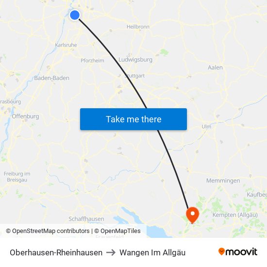 Oberhausen-Rheinhausen to Wangen Im Allgäu map