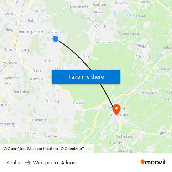 Schlier to Wangen Im Allgäu map
