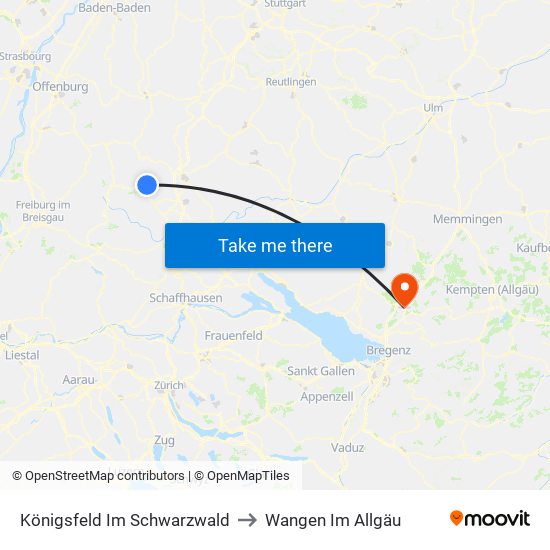 Königsfeld Im Schwarzwald to Wangen Im Allgäu map