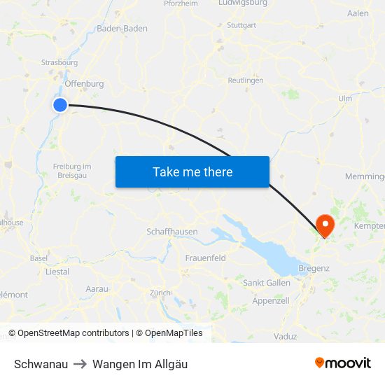 Schwanau to Wangen Im Allgäu map