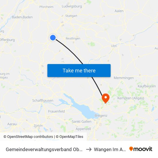 Gemeindeverwaltungsverband Oberes Gäu to Wangen Im Allgäu map