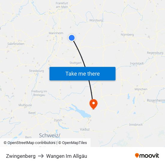 Zwingenberg to Wangen Im Allgäu map