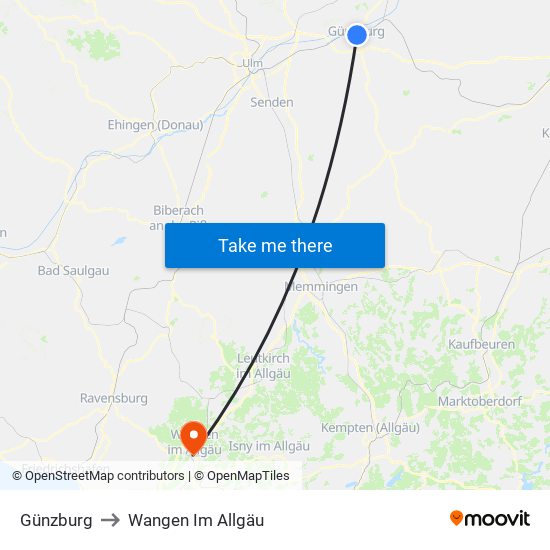 Günzburg to Wangen Im Allgäu map