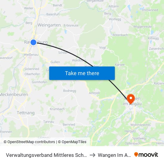 Verwaltungsverband Mittleres Schussental to Wangen Im Allgäu map